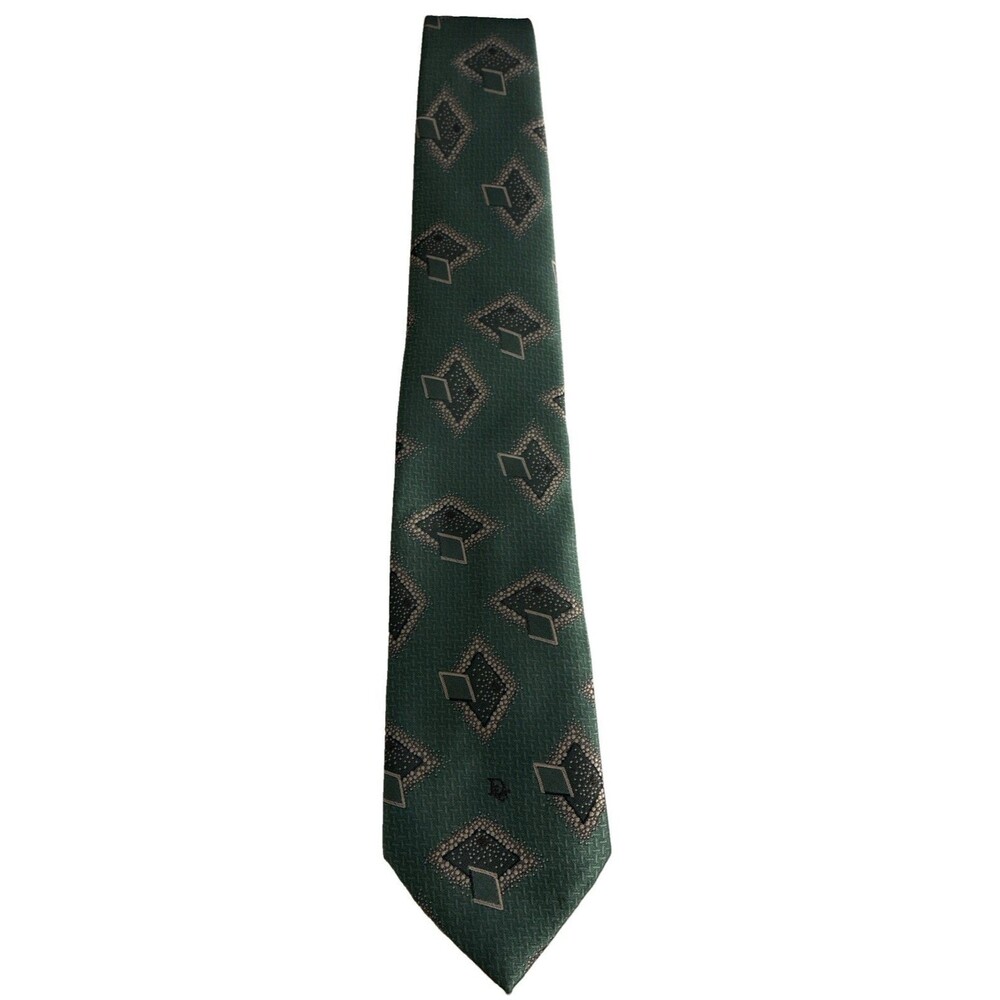Vintage Christian Dior Monsieur Green Necktie Diamond Geometric Texture Silk USA